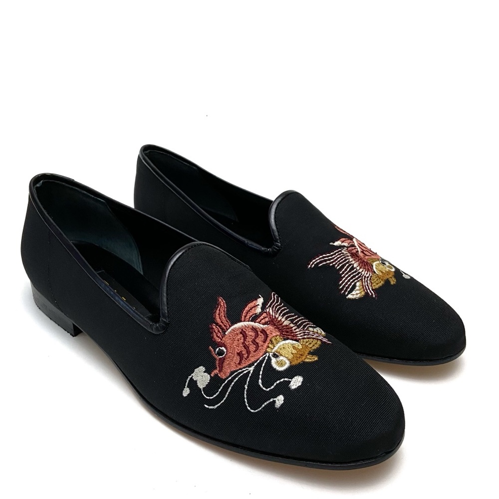 ZALO Black Faille Silk Koi Fish Embroidered Smoking Loafers - Picture 1 of 10